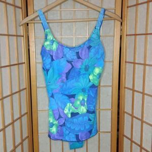 Basic Editions Women's Floral Faux Tankini One Piece Swimwear Blue & Purple